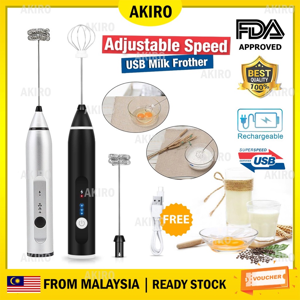 AKIRO 3 Speed Electric Milk Frother Rechargeable Bakery Egg Whisk Head Handheld Battery Operated Foam Maker Coffee Latte