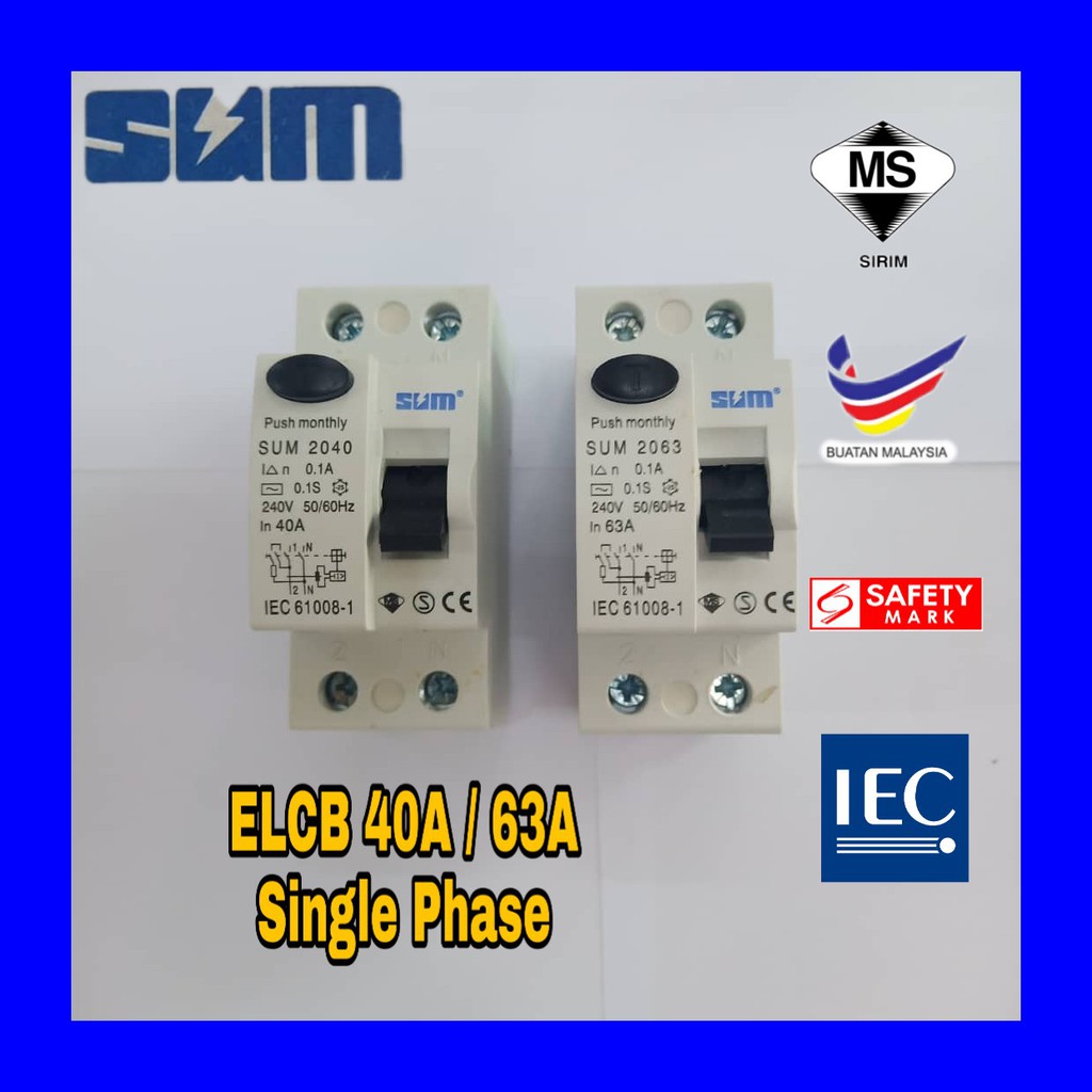 SUM 40A 63A 2 Pole Single Phase RCCB / ELCB #ONESPARK | Shopee Malaysia