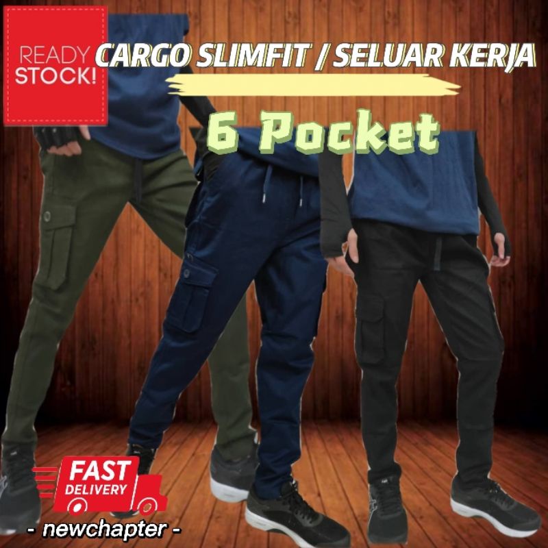 (READY STOCK) Cargo SLIMFIT 6 POKCET / Seluar Kerja / BENGKEL / seluar ...