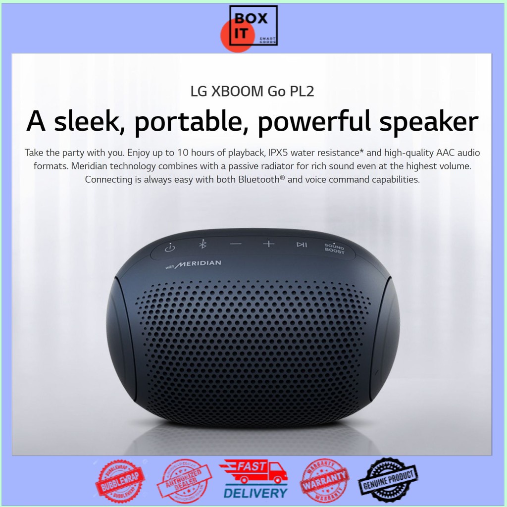 LG XBOOM Go PL2 Portable Bluetooth Speaker - Sound by Meridian | IPX5 | Dual Action Bass | 18H Playtime [ BoxIT ]