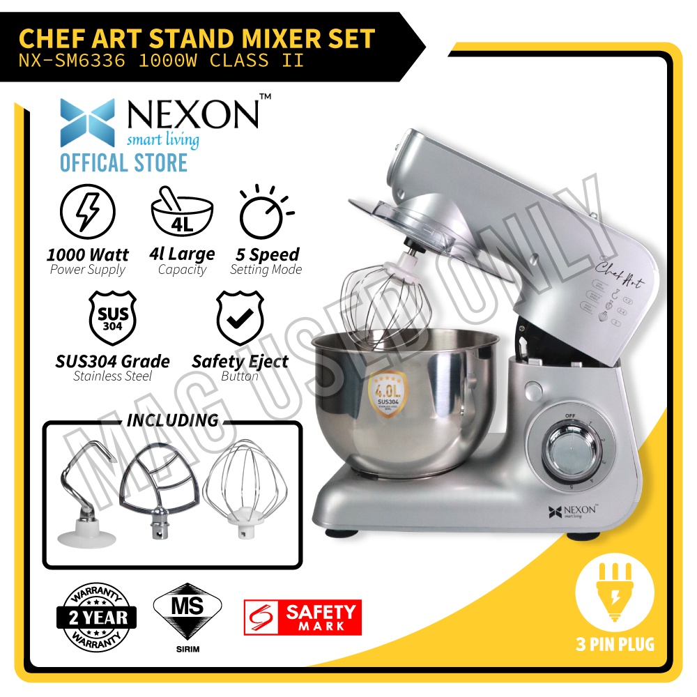 Nexon Silver Stand Mixer 5 Speed Mode Stand Mixer with SUS-304 Stainless Steel Bowl 1000W Electric Blender