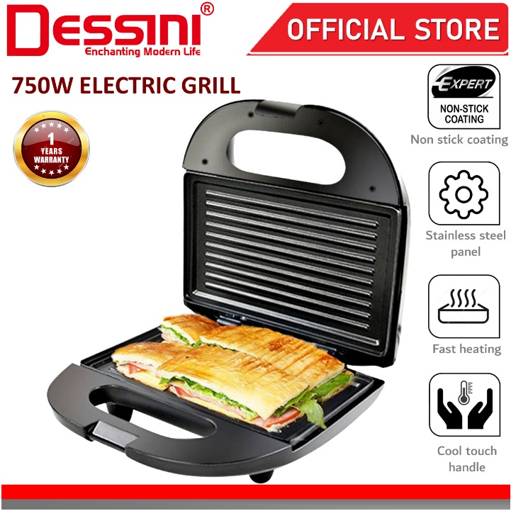 DESSINI ITALY Double Sided Electric Pizza Panini Waffle Sandwich Maker Toaster Barbecue BBQ Grill Non-Stick Baking Pan