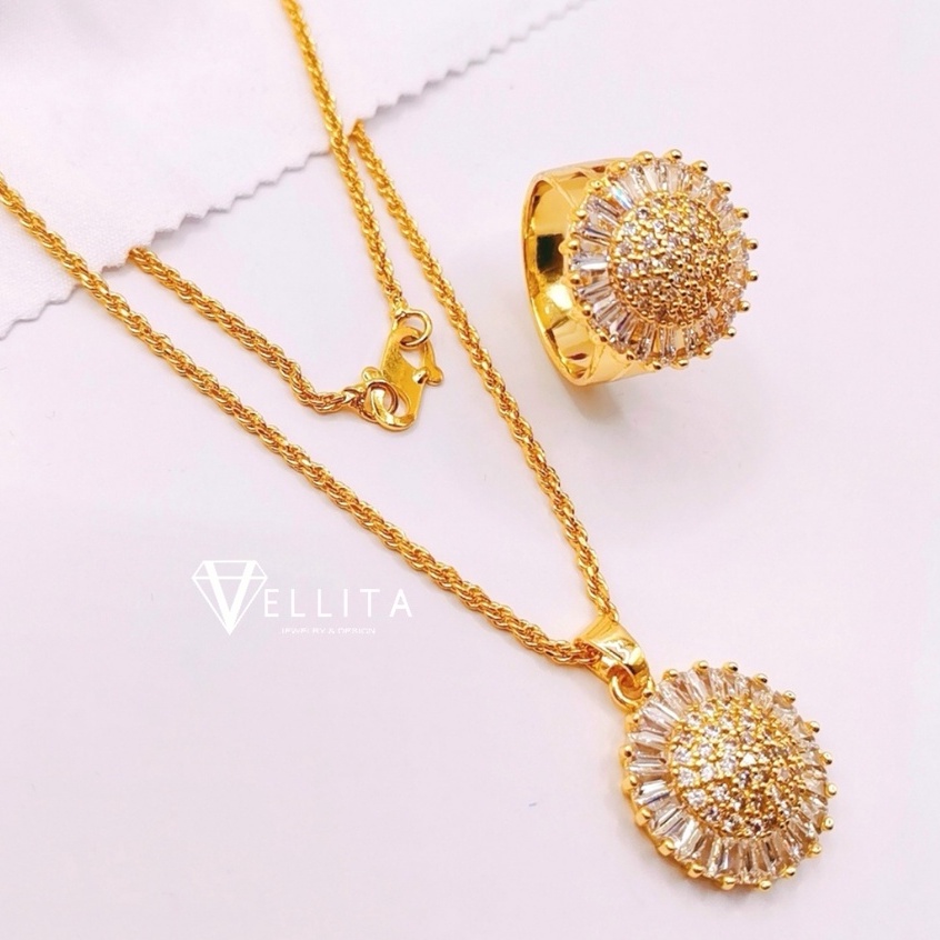 [VJ]Cop916 Set3in1 Jewellery "Sunflower CZ" Long Chain, Pendant, Ring 999.9 Bangkok Gold Plated {Loket & Cincin}