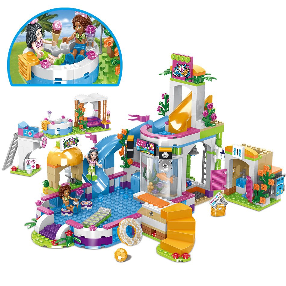 Creative Roleplay Gift for Kids Aged 6-12 1140 Pieces Friends City Café Coffee House Building Kit Summer Pool Party Building Blocks for Girls 