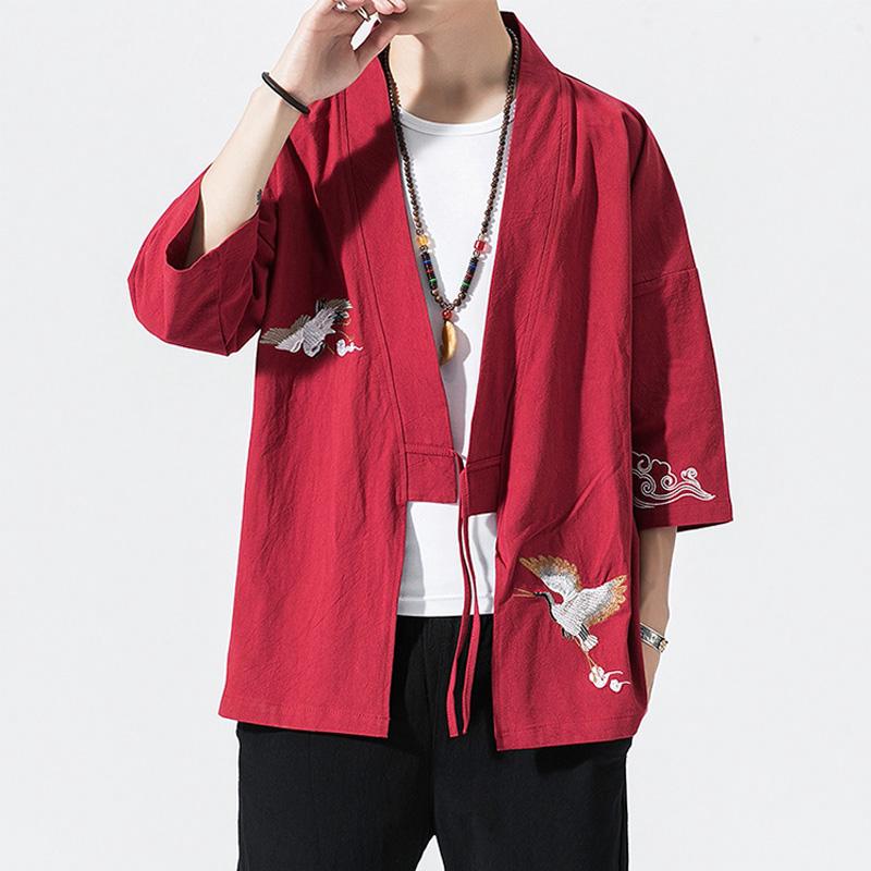 Summer Cotton Linen Kimono Shirt Men Vintage Loose Vneck Cardigan