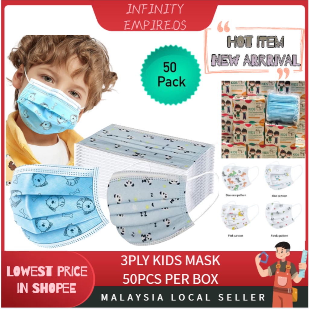 50PCS KIDS Disposable Protective 3PLY Earloop Face Mask Cartoon Budak
