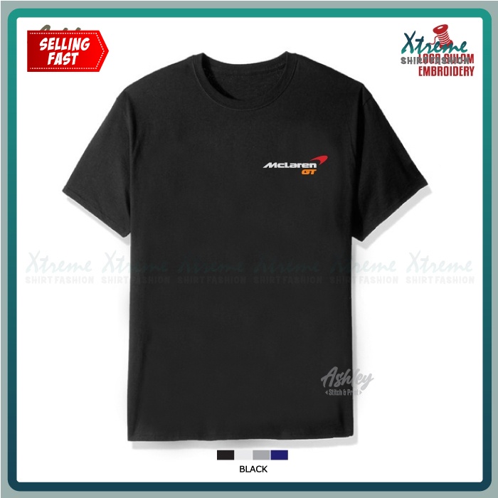 T Shirt Round Neck Sulam McLaren GT Twin Turbo Charged V8 Engine SuperCar Baju Lelaki Casual Cotton Embroidery Jahit Tee