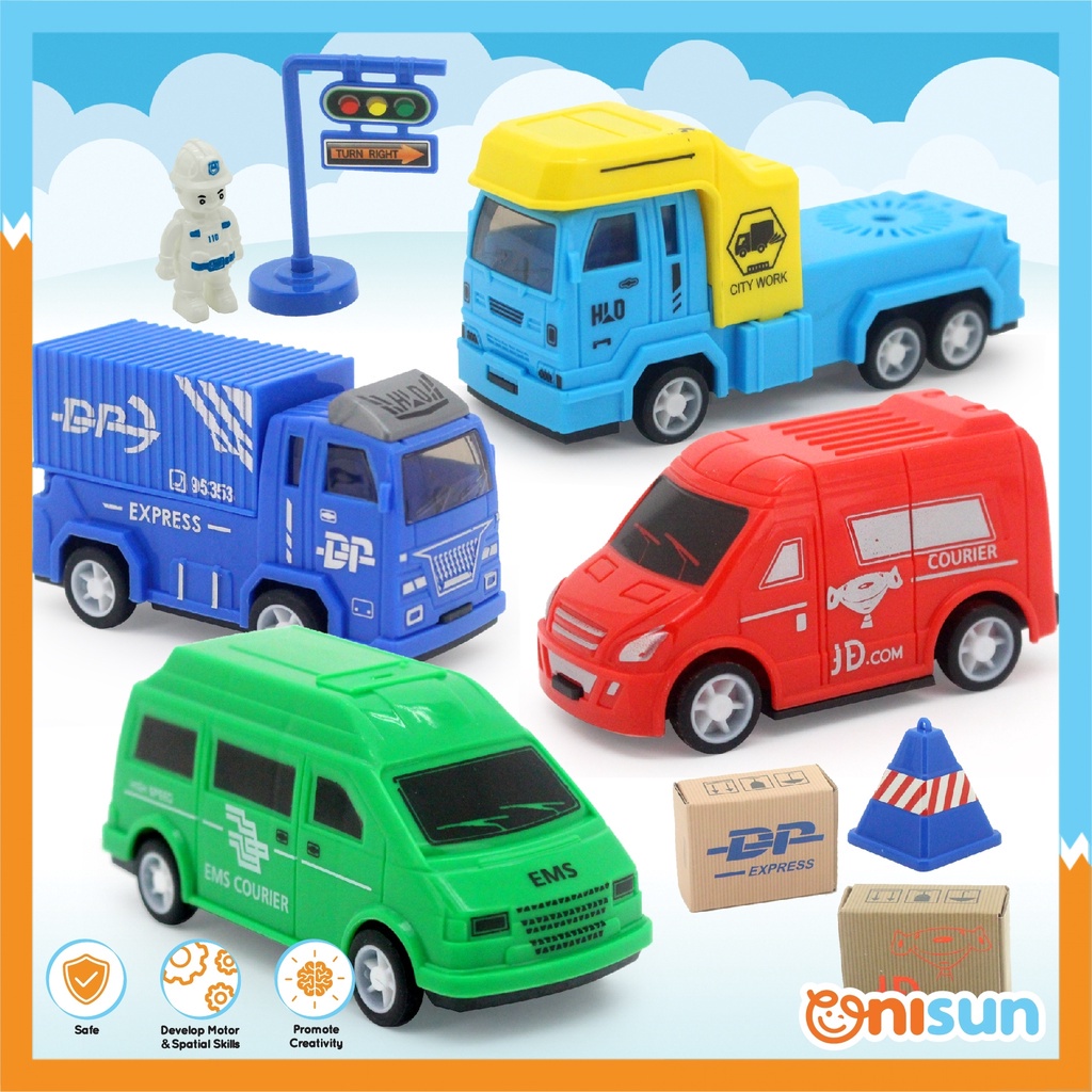 【Ready Stock】4 in 1 Kids Boy Fun Push Pull Courier Service Express/Bus/Car Vehicles Pretend Toy Playset (Mainan Kereta)