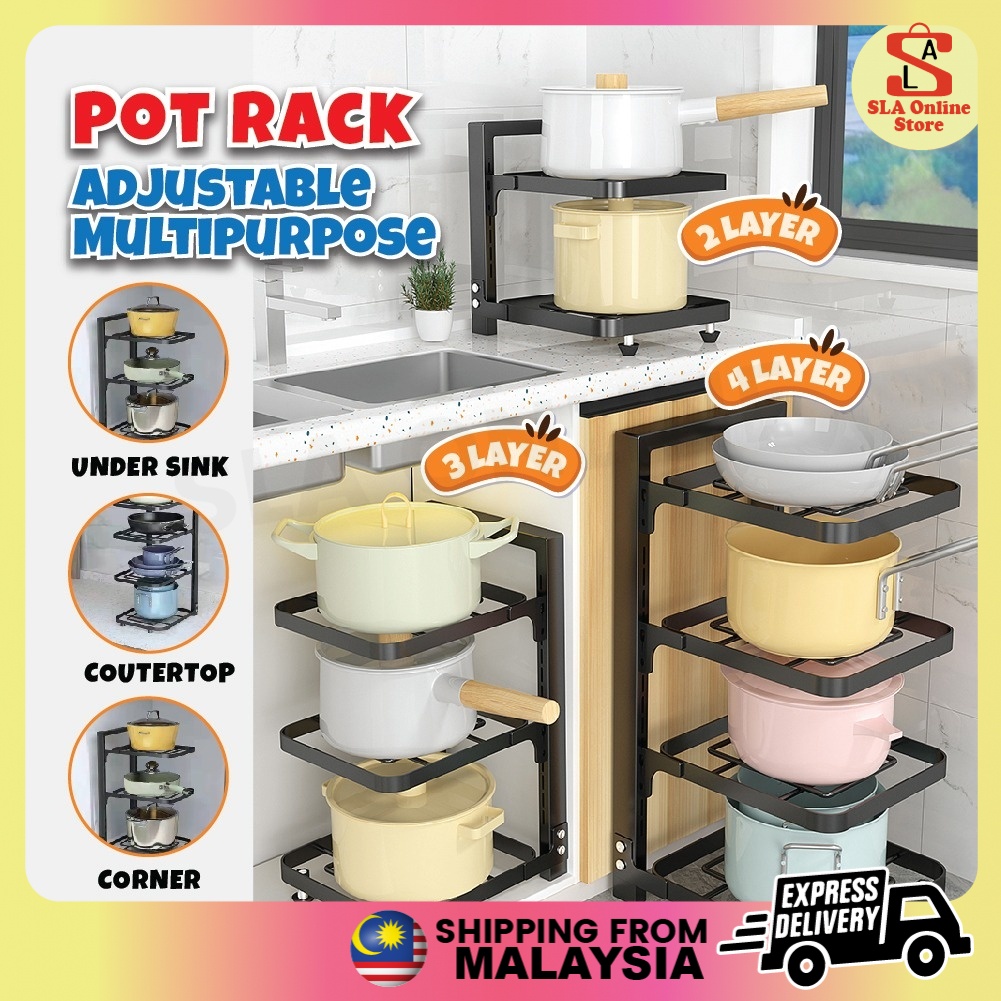 Pot Wok Rack Pan Organizer Adjustable Tier Kitchen Counter Top Shelf ...