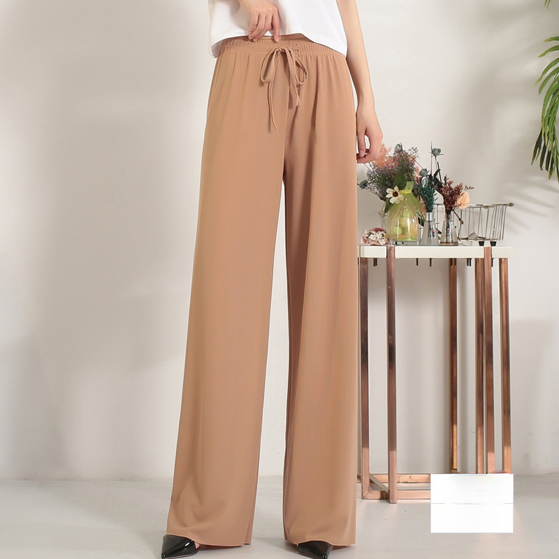 shopee: Ready Stock Women Casual Pants High Waist Elastic Waist Women  Straight Long Pants Palazzo Pants (0:4:颜色:khaki;1:3:尺码:XL)