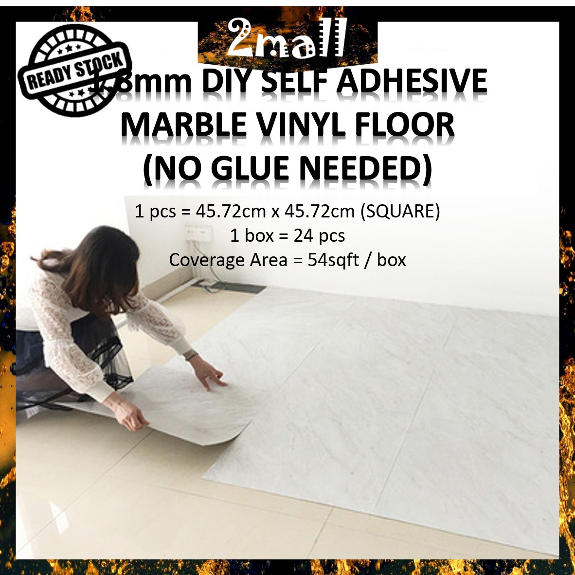 (24pcs/54sqft) (45cm x 45cm SQUARE) 1.8mm Thickness Self Adhesive Vinyl