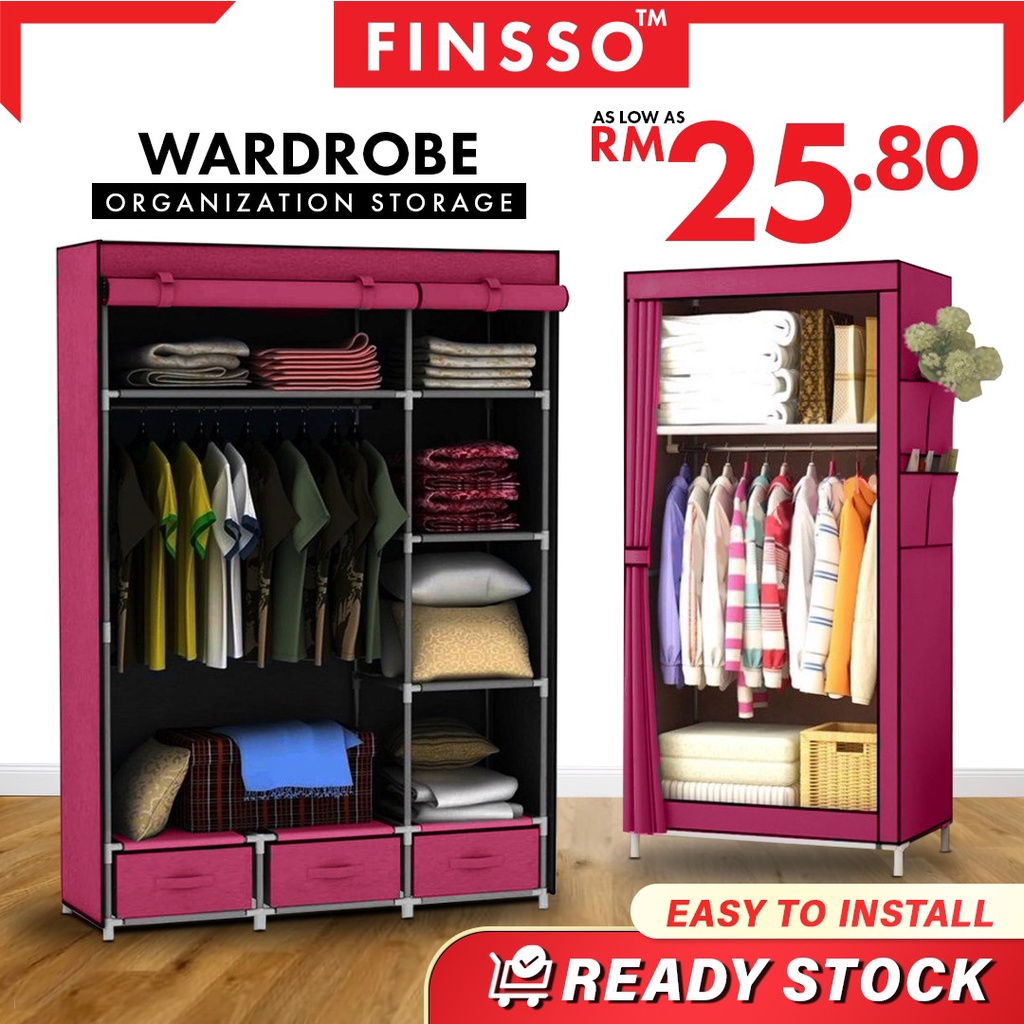 READY STOCK FINSSO: Wardrobe Almari Baju Rak Baju Clothes Organization Storage Rack Cabinet