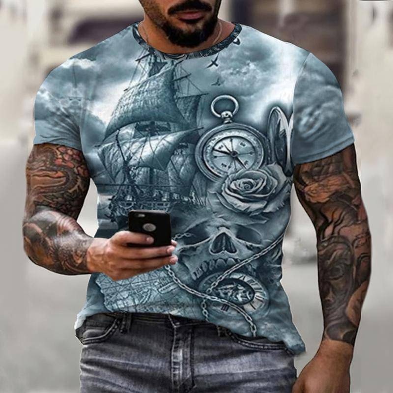 Retro Pirate Ship Sailor Compass Summer New k Men's 3D Fashion Casual Top Short Sleeve