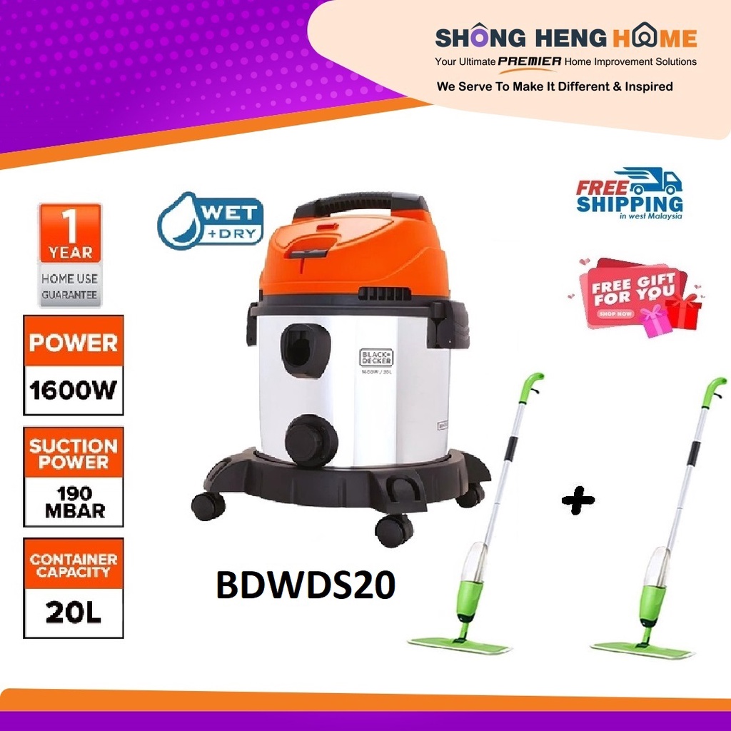 FREE SHIPPING + EXTRA RM30 OFF [3 in 1] BLACK & DECKER BDWDS20 1600W 20L Wet & Dry Vacuum Cleaner + Blower Function