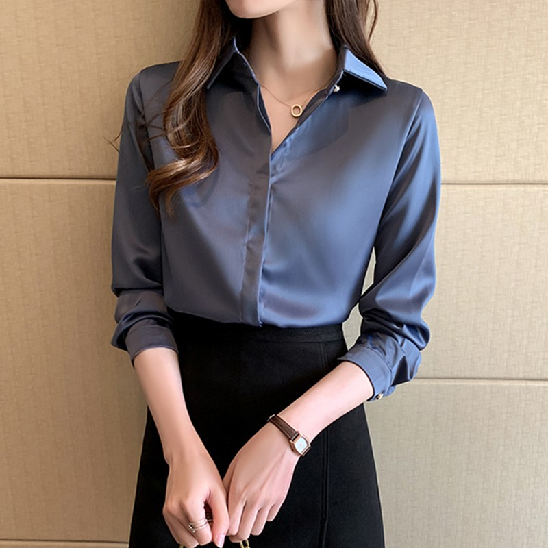 Korean Style Elegant Satin Office Wear Shirt Women Autumn Long Sleeve Plain  Blouse White Blue | Shopee Malaysia