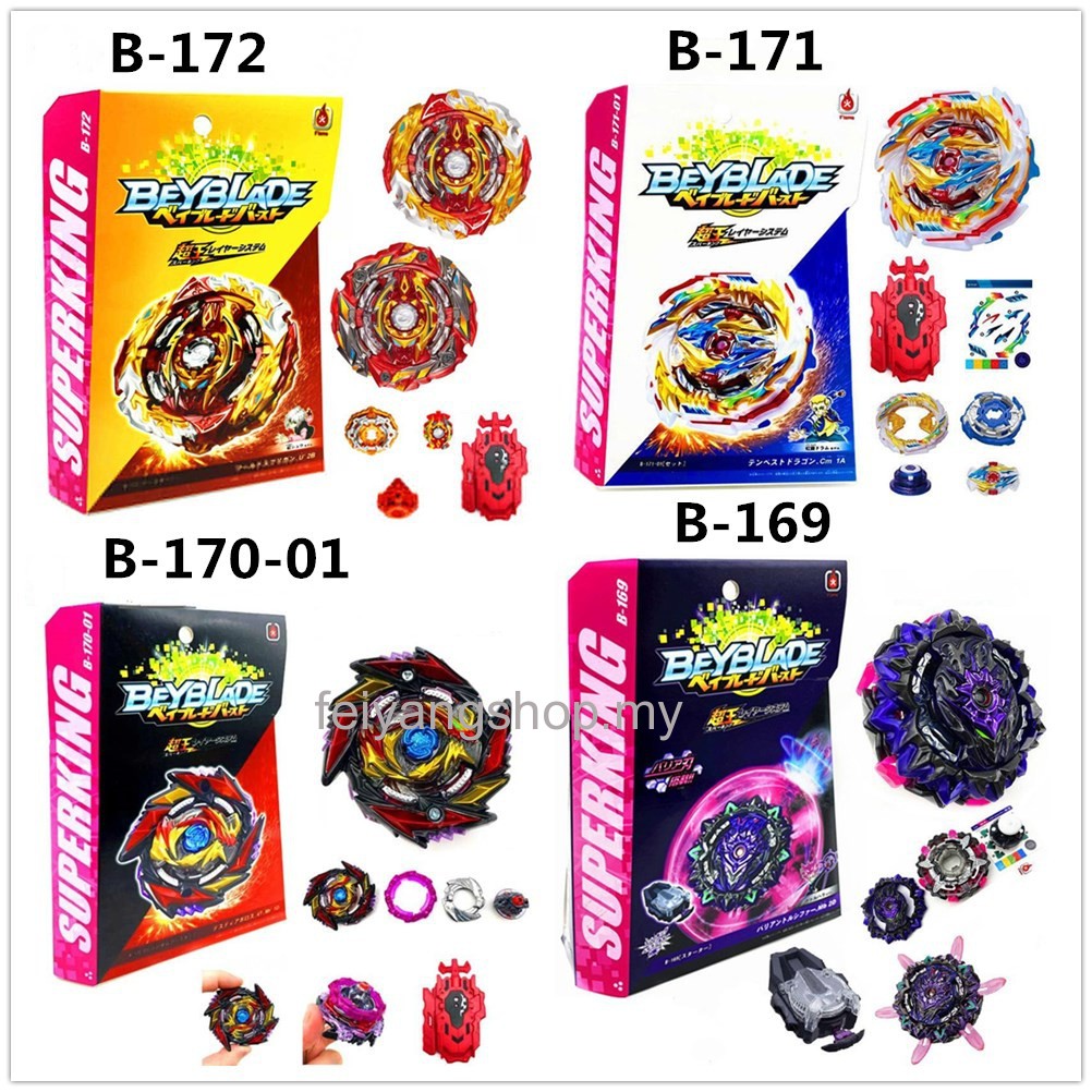 Beyblade B-172 World Spriggan B-171 Tempest Dragon B-170-01 Death Diabolos Abyss Diabolos B-169 Red and Blue Black Spark B-168 Rage Longinus B-167 Sparking SuperKing Booster Mirage Fafnir B-164 RB20 Curse Satan Hr.Un 1D B-163 Booster Brave Valkyrie