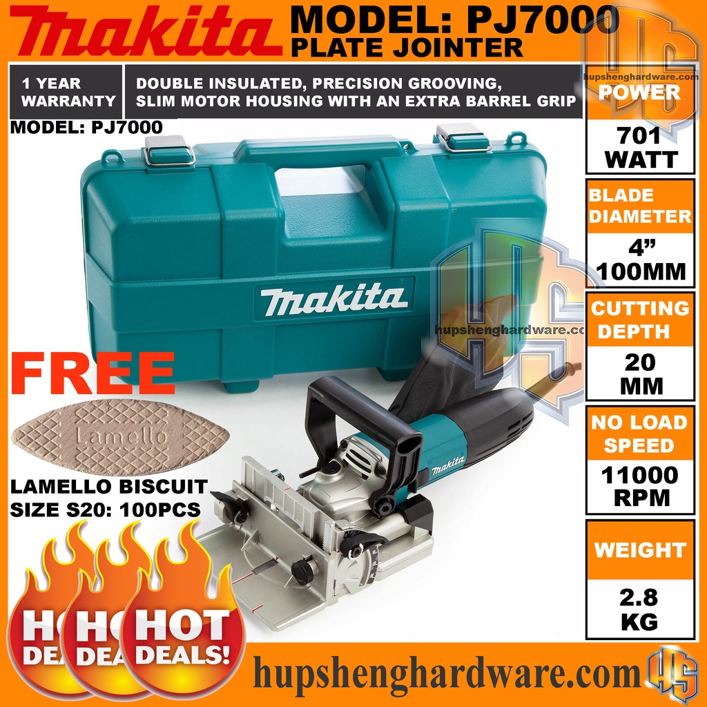 Makita PJ7000 Plate Jointer Wooden Biscuit Jointer Power 701W Blade 100mm Speed 11000rpm Depth