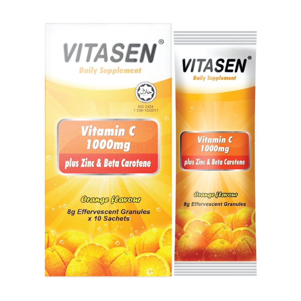 VITASEN VITAMIN C 1000MG PLUS ZINC & BETA CAROTENE EFFERVESCENT GRANULES 8G X 10'S (EXP 01/2023