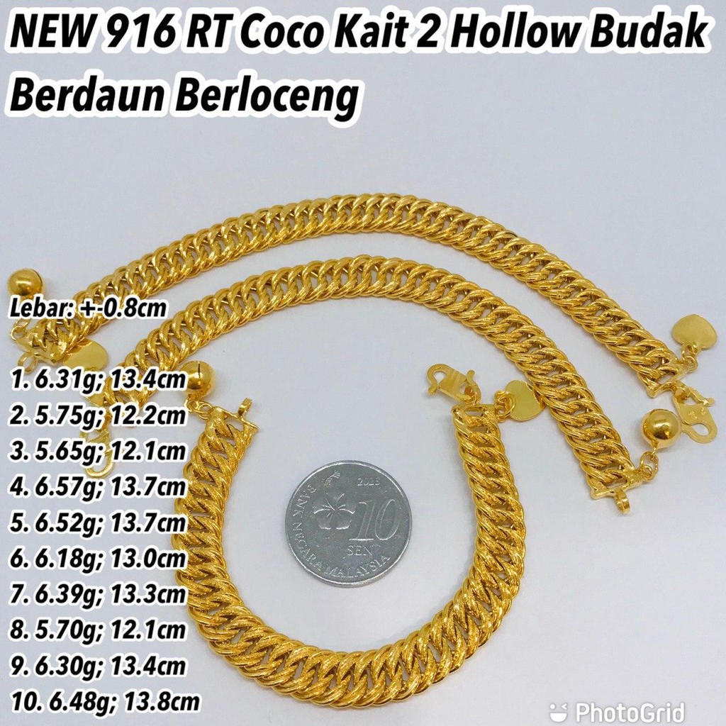 New Gold 916 Rantai Tangan Coco Kait 2 Hollow Budak Dewasa 6 Sept