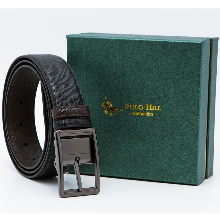 POLO HILL Mens DUAL Loop Faux Leather 120cm Pin Buckle Belt Gift Box