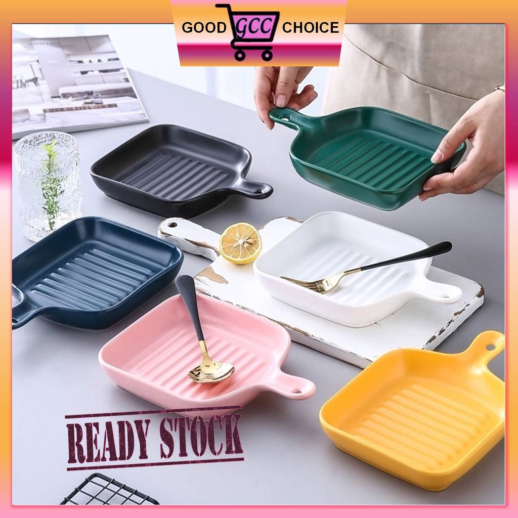 GCC - Nordic Style Ceramic Plate With Handle Baking Ceramic Bakeware Breakfast Plate Grill Plate Mangkuk Pinggan Viral