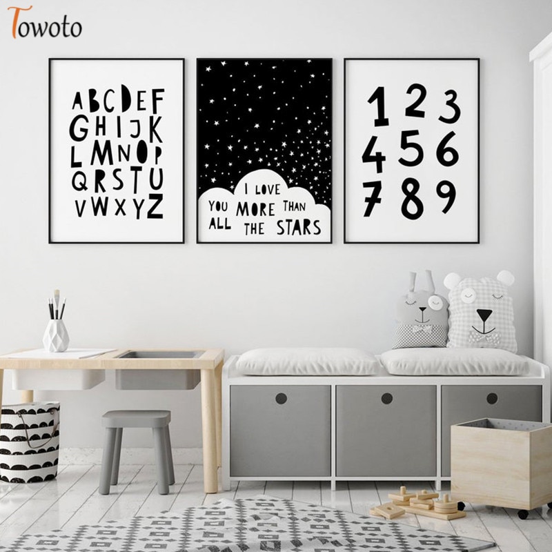Cartoon Canvas Painting Black and White Poster Alphabet Print Scandinavian  Boy Nursery Wall Art Kids Room Decoration Pictures | Shopee Malaysia