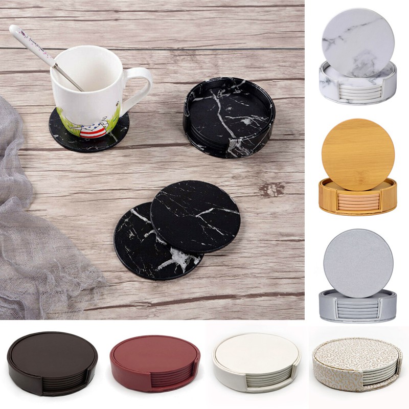 6PCS Creative PU Leather Marble Coaster Drink Coffee Cup Mat Tea Pad Dining Table Placemats Table Black White Chic Decoration