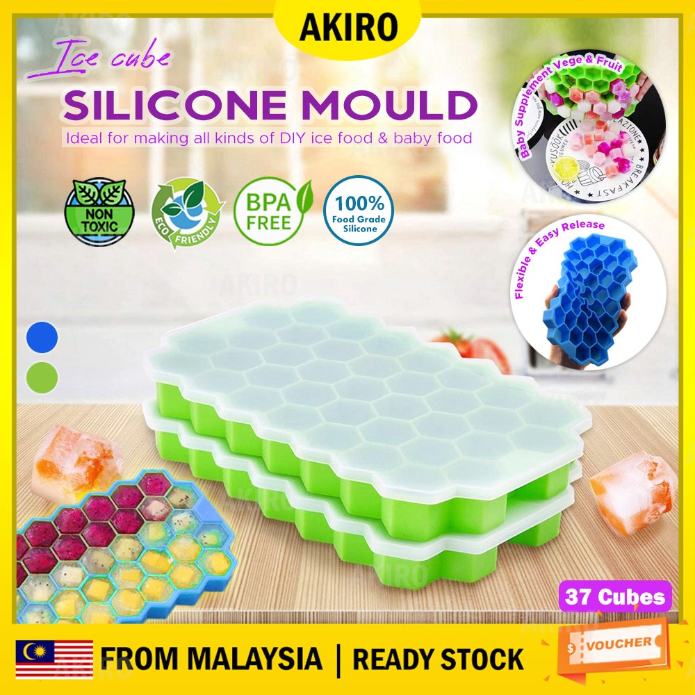 AKIRO BPA FREE 37 Grids Honeycomb Ice Cube Tray Ice Cube Maker Ice Mold Flexible Mold Frozen Dulang Ais FREE Lid 冰塊模具