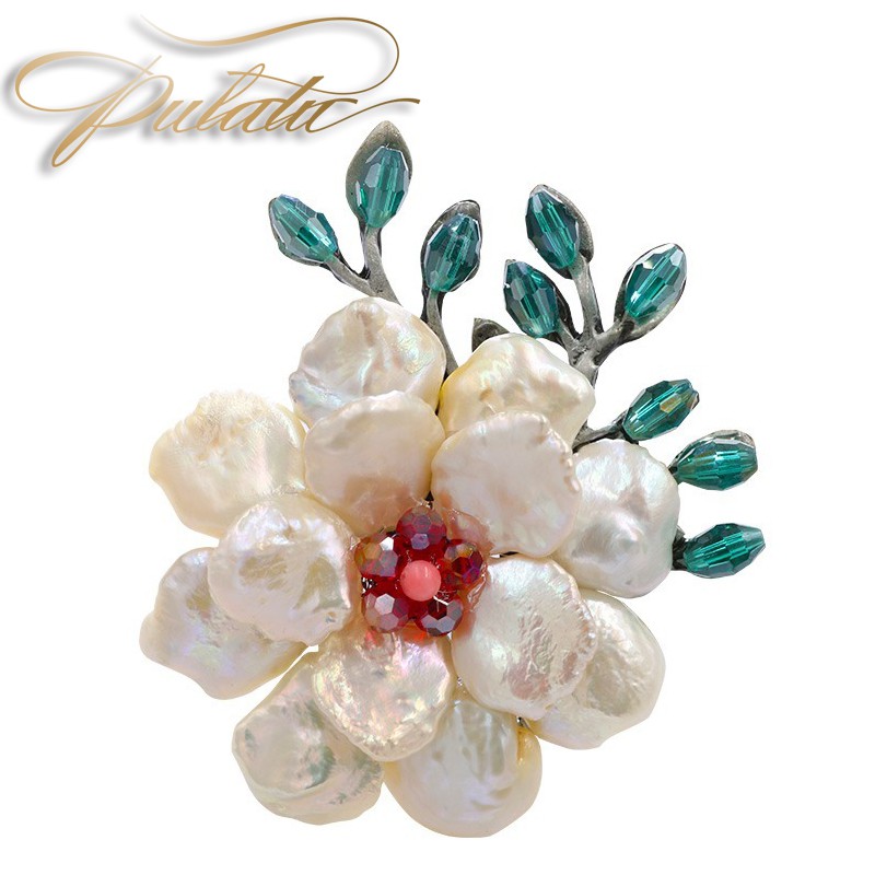 Coral Pink and Pearl Fashion Brooch