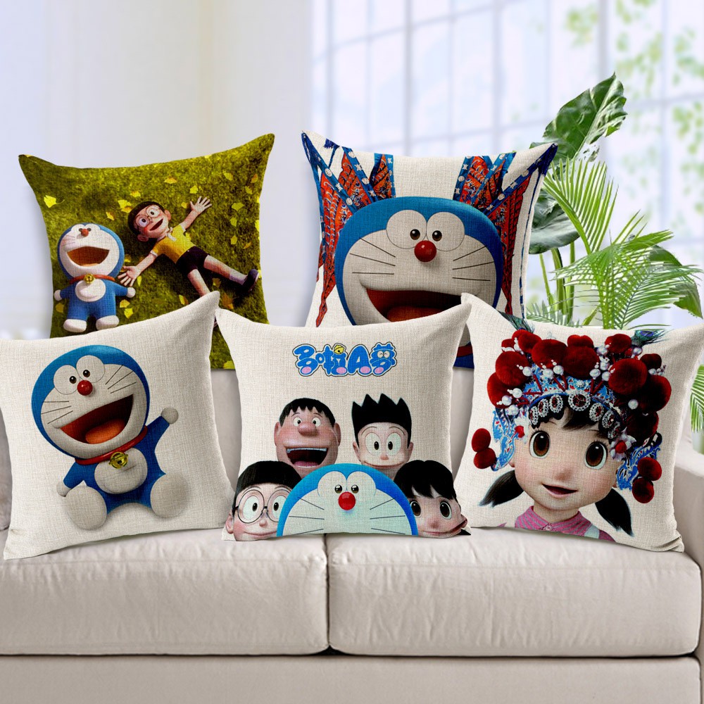 3D Doraemon  Printed Square Cotton Linen Cushion  Cover 