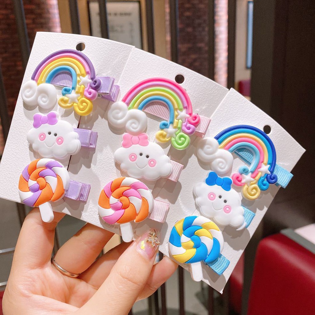 (Malaysia Stock) Cute Cartoon Rainbow Lollipop Candy Hair Clip Hair Pinn Set