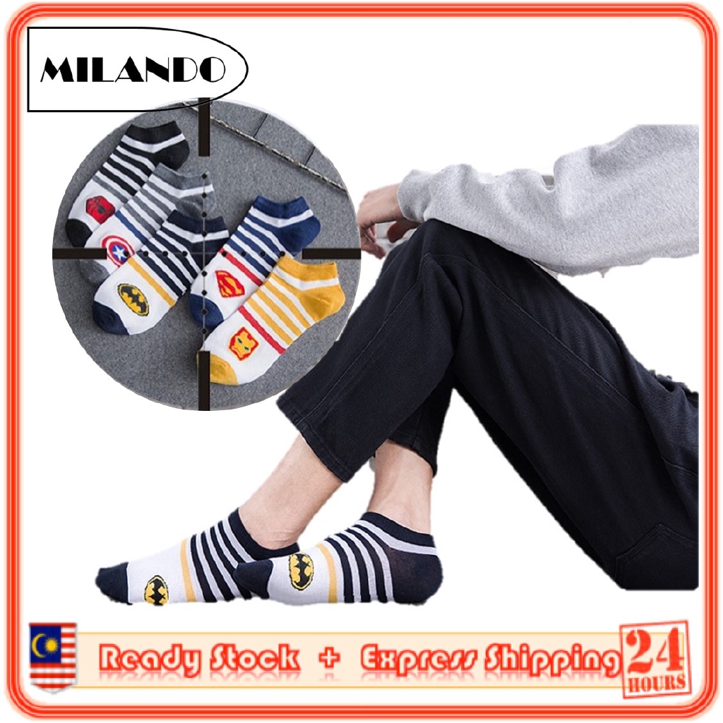 (5 Pairs) MILANDO Unisex Low Ankle Sport Cotton Socks Men Sock Stoking Lelaki (Type 19: Superhero)