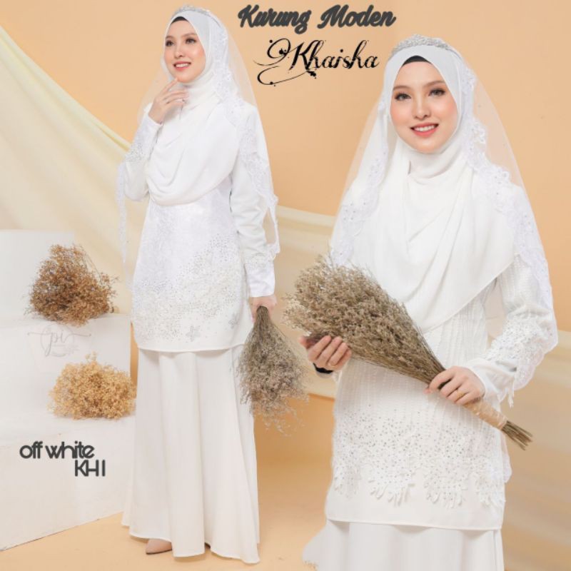 Baju Kurung Moden Kembang Princess Nikah Kahwin Off White Putih Wedding Lace Prada Manik 3d Bunga Floral Veil Shawl