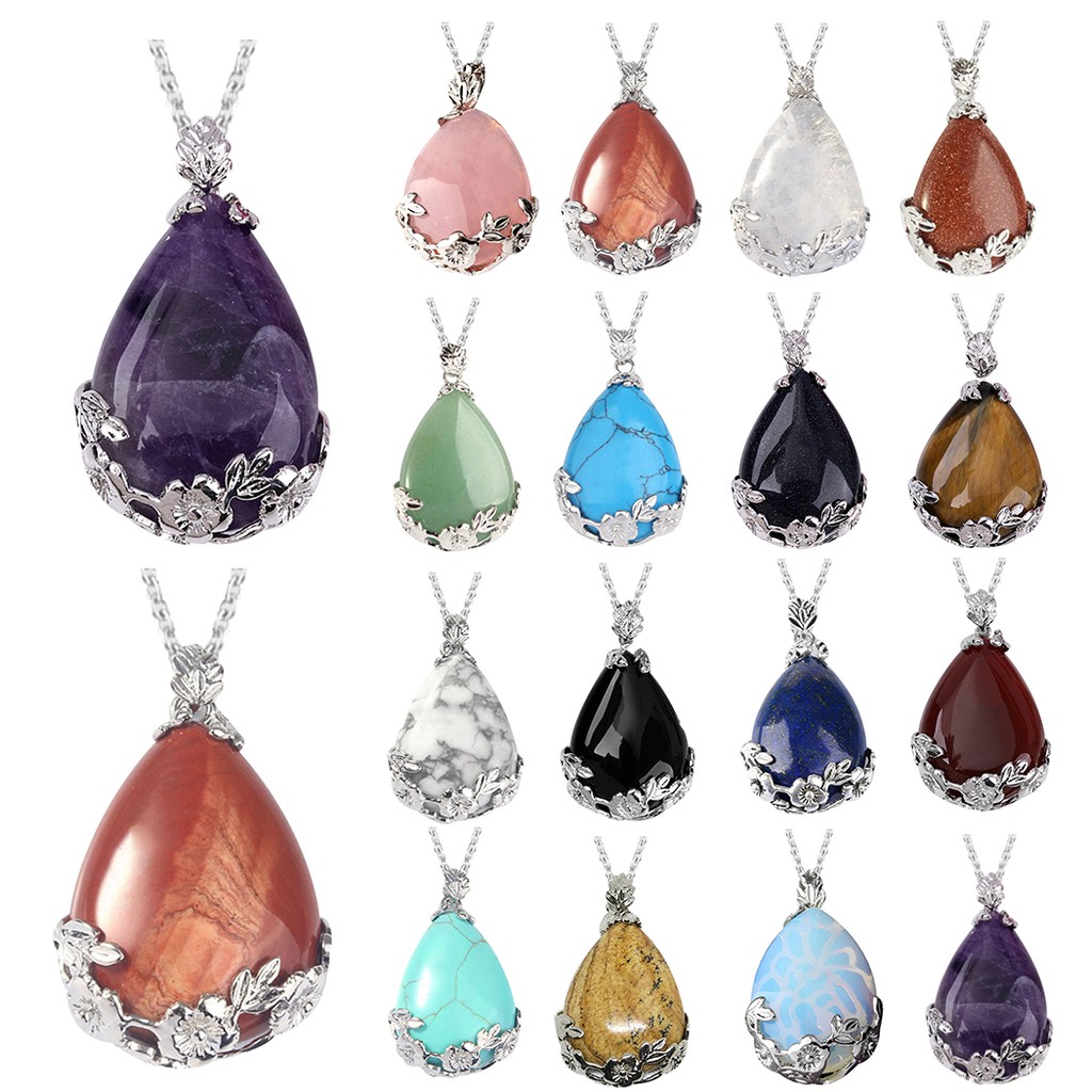 Natural quartz Crystal Gem Stone Chakra Point Healing Waterdrop Pendant Necklace