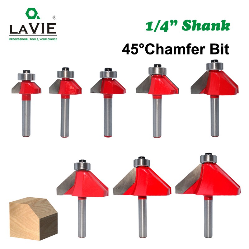 Woodworking 1/4" Shank Carbide Chamfer Router Bit 45Deg Bevel Angle Cutter 