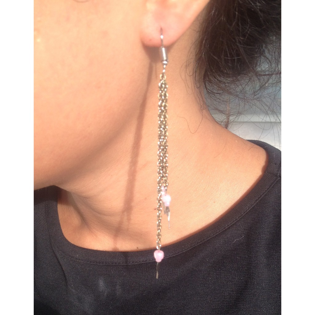 Handcrafted Triple Strand Artisan Chain and Pink Bead Tassel Jewelry Earrings