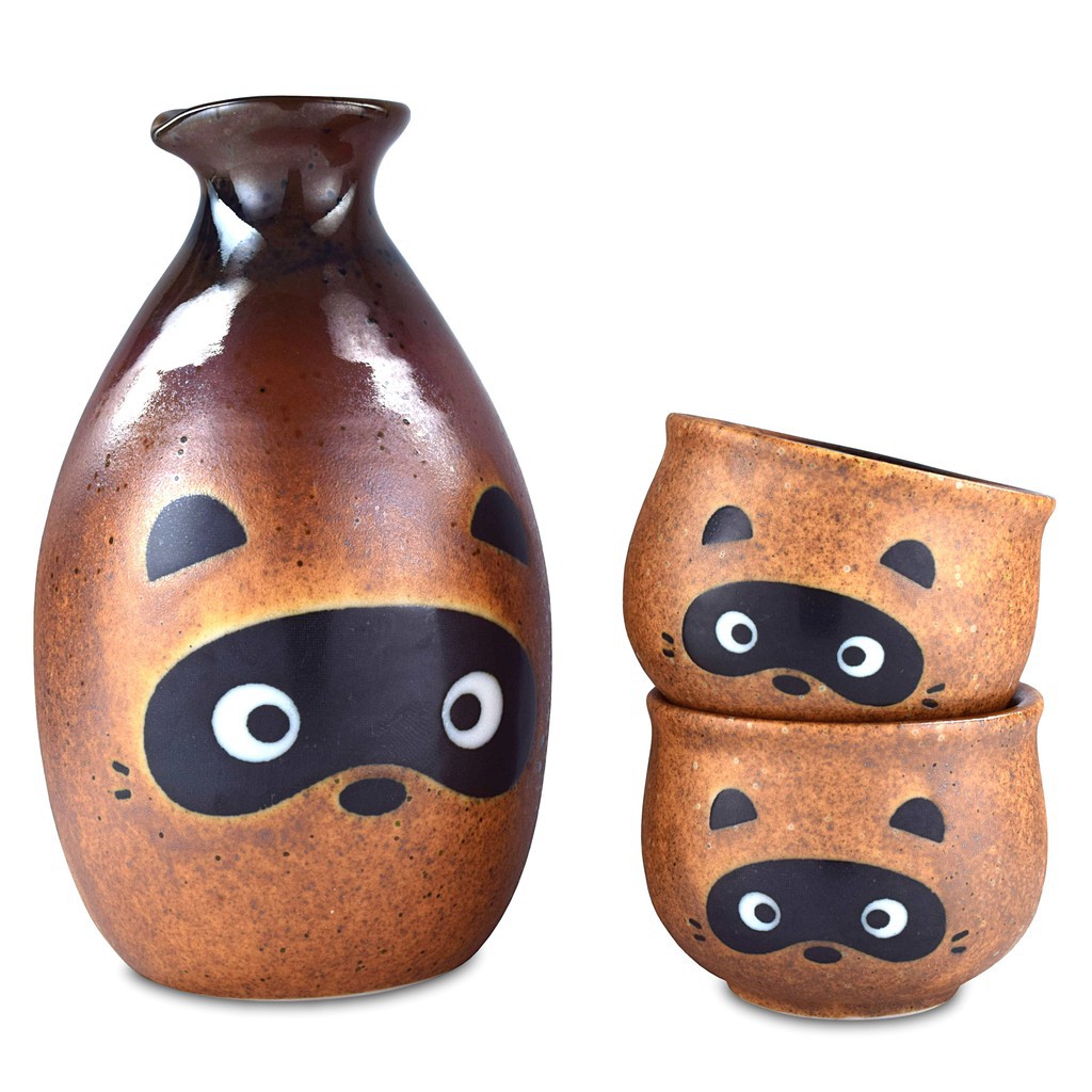 Mino Ware Traditional Japanese Sake Set Bottle and 2 Cups Japanese Racoon Dog 