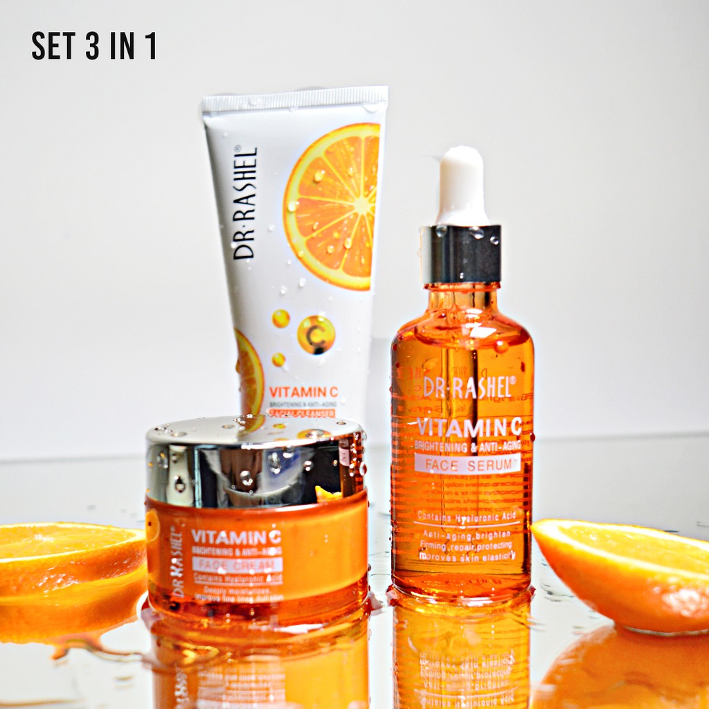 Dr Rashel 3 In 1 Set Facial Cleanser Face Serum Face Cream Vitamin C Brightening Anti Aging Skincare Set Shopee Malaysia