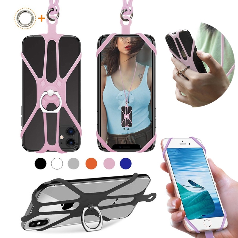 Universal Phone Lanyard Holder and Ring Grip Silicone Cell Phone Lanyard Neck Strap and Phone Ring Holder Stand Compatible with Most Smartphones