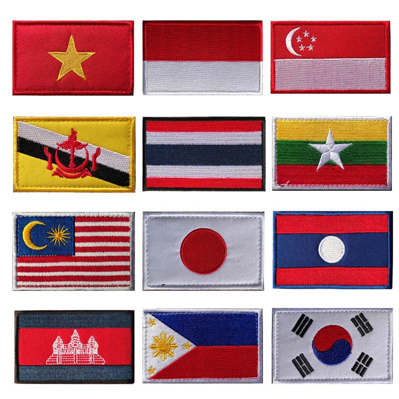 1PCS 8*5CM Southeast Asia Flag Backpack Badge Embroidery Patch HOOK & LOOP Countries Such As Malaysia Philippines Thailand Singapore Vietnam Korea Japan Woven Lable