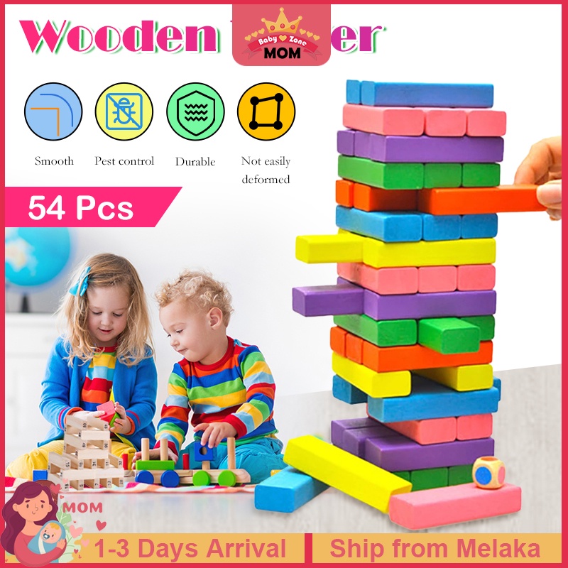 54PCS/Set Wooden Tower Building Blocks Toy Rainbow Domino Stacker Board Game Folds High Montessori Educational Children