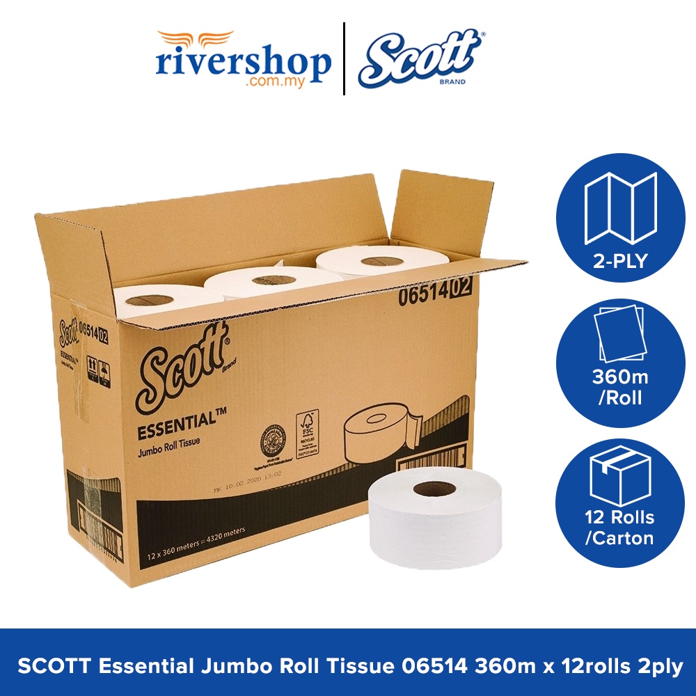 SCOTT Essential Jumbo Roll Tissue 06514 360m x 12rolls 2ply Toilet