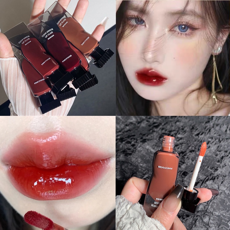 PinkyFocus Dark Mirror Light Lip Glaze Water Light Lasting Transparent Ice Cube Lip Mud Lipstick
