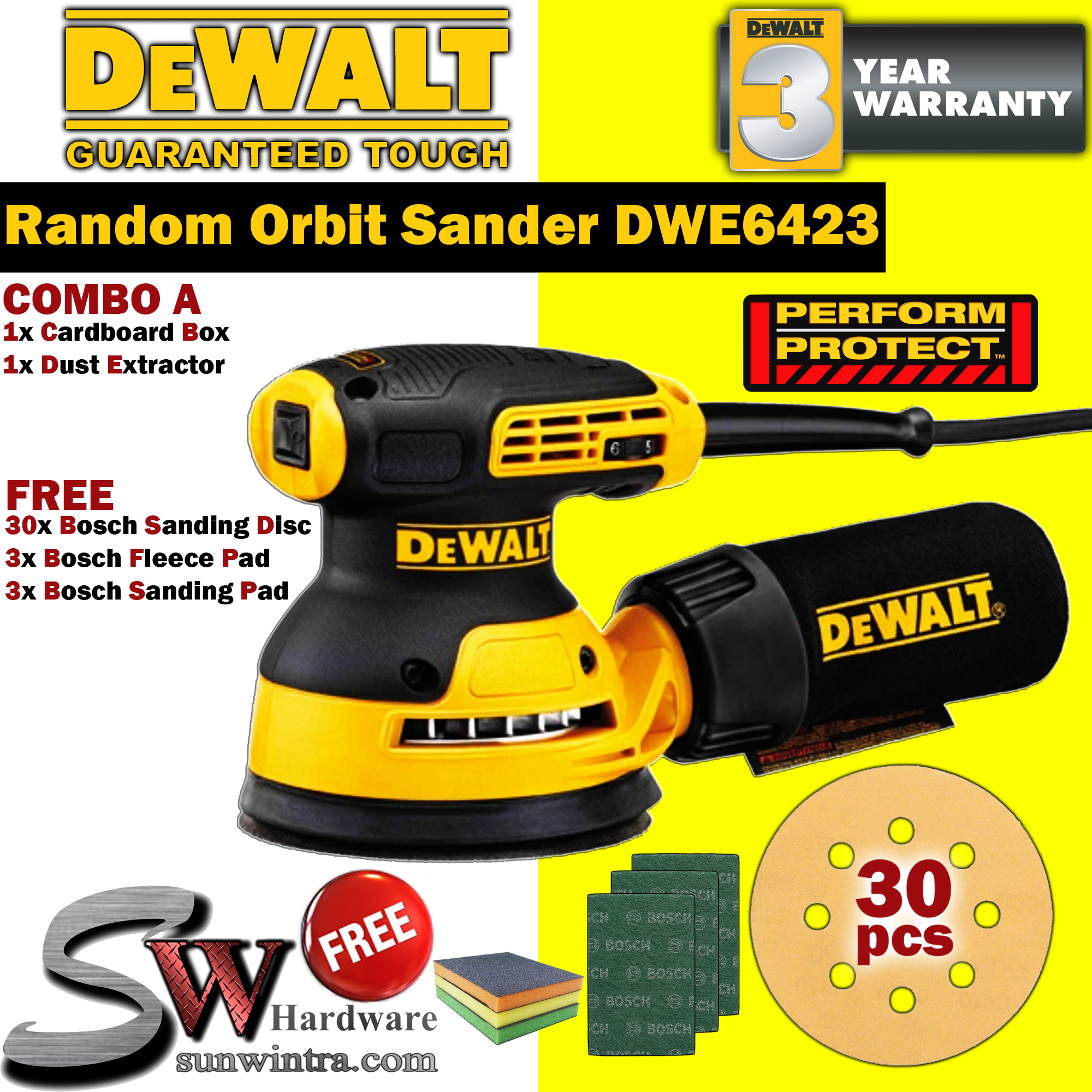 DEWALT DWE6423 125MM ORBITAL SANDER F.O.C 30x SANDING SHEET, FLEECE PAD , SANDING PAD DWE 6423