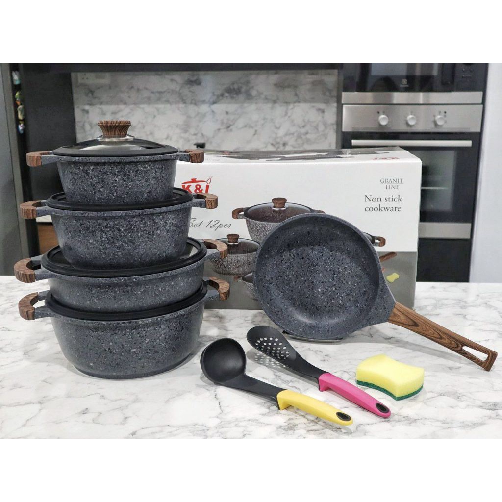 K&I GERMANY SET PERIUK BATU GRANITE 12PCS GRANITE STONE COOKWARE