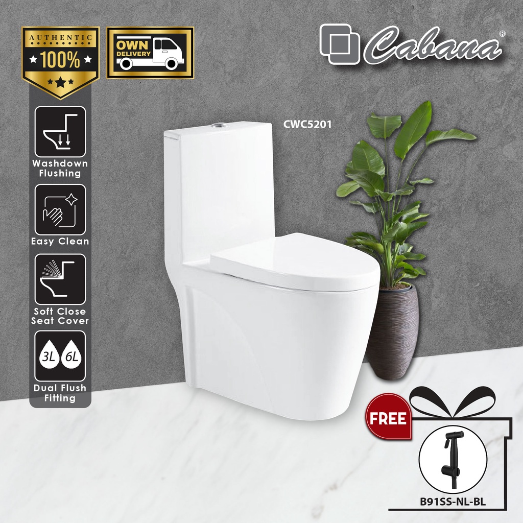 CABANA CWC5201 One Piece Wash Down Water Closet S trap 10 Inch 250mm