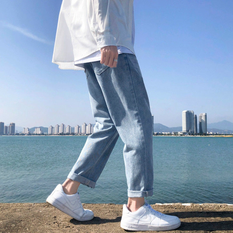 New Hight Quality Style Light Blue Denim Jeans All Match Casual Pants Men S Ankle Length Straight Fit Youth Simple Pants Loose Trousers For Men Shopee Malaysia
