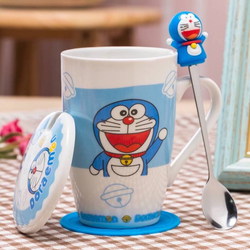 Doraemon ceramic cup with spoon cover mug couple coffee Doraemon ceramic cup with spoon cover mug couple coffee