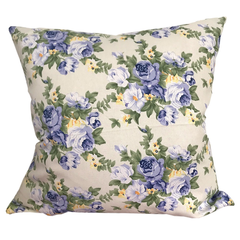 Blue Flowers Printed Canvas Cushion Covers Beige Thick Cotton