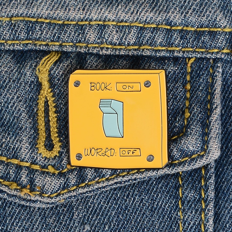 Power Switch Turn on / Off Book World Enamel Pin Bookworm Reader Brooch Funny Lapel Pins Gift for Friends Students